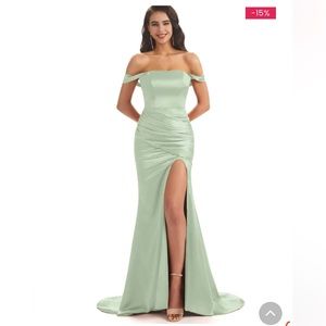 High Quality Sage GREEN OFF SHOULDER SATIN BRIDESMAID DRESS, SIZE 2,